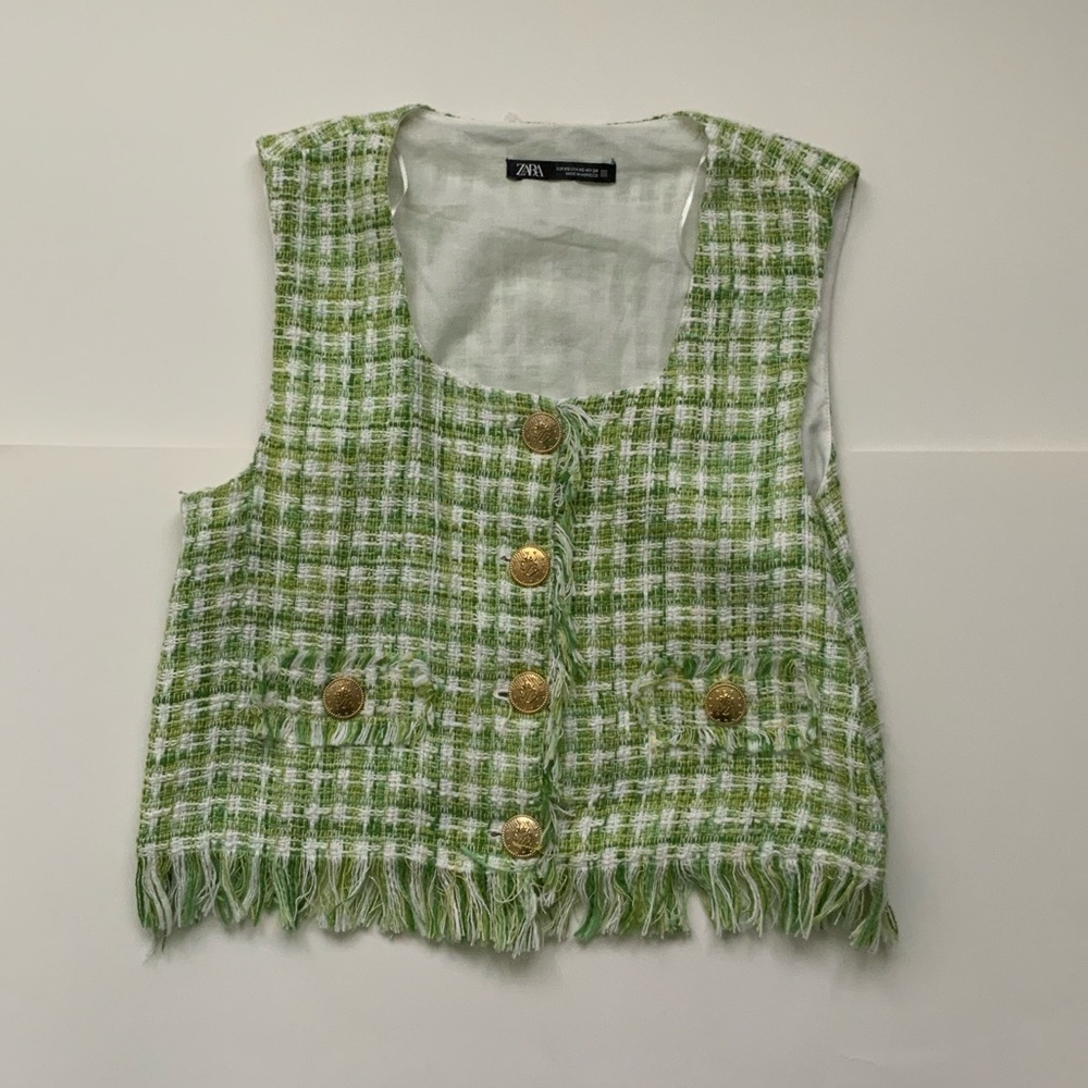 Zara Green and White Tweed Vest with Gold Accents